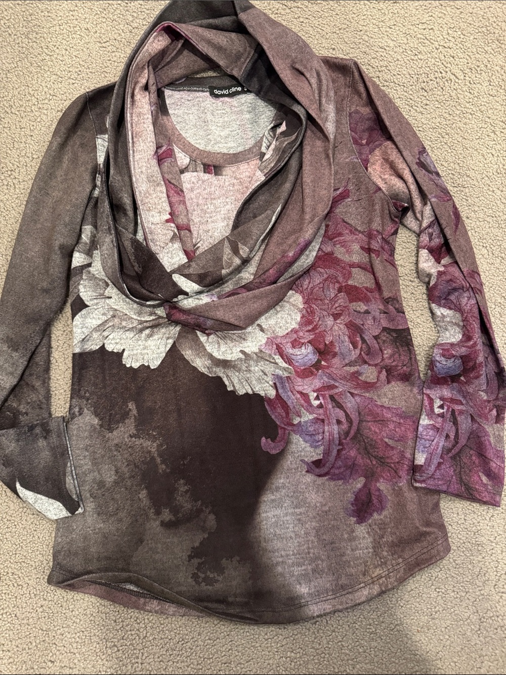 David Cline Floral Long Sleeve Top in Purple and Brown with Cream Accents
